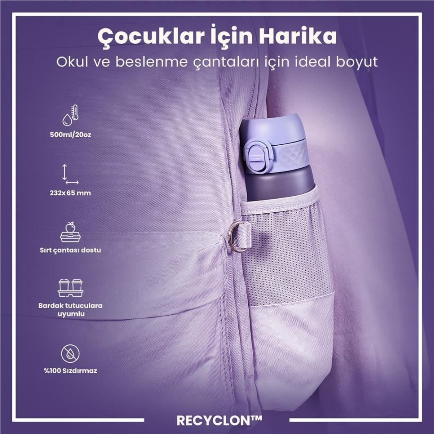 ION8 - İnce Suluk - Açık Mor - 500 ml - Sızdırmaz - BPA İçermeyen ION8 - İnce Suluk - Açık Mor - 500 ml - Sızdırmaz - BPA İçermeyen