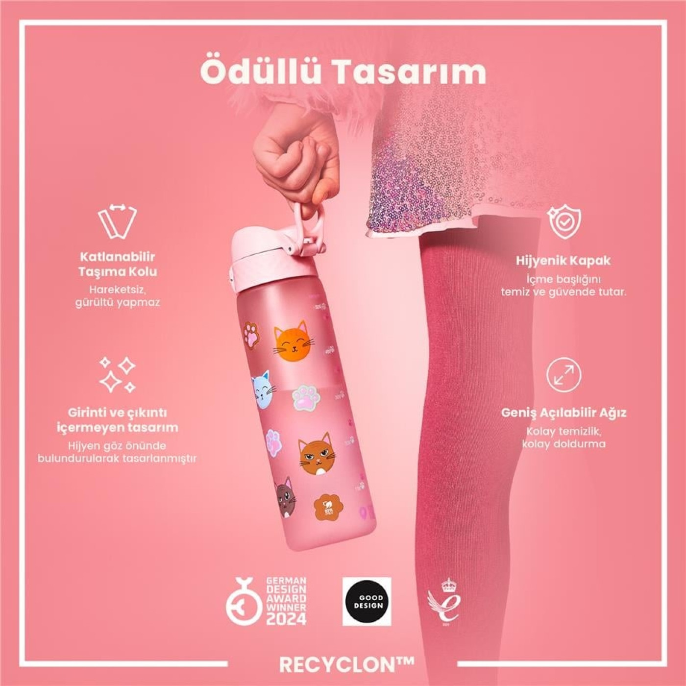 ION8 - İnce Suluk - Kediler - 500 ml - Sızdırmaz - BPA İçermeyen ION8 - İnce Suluk - Kediler - 500 ml - Sızdırmaz - BPA İçermeyen