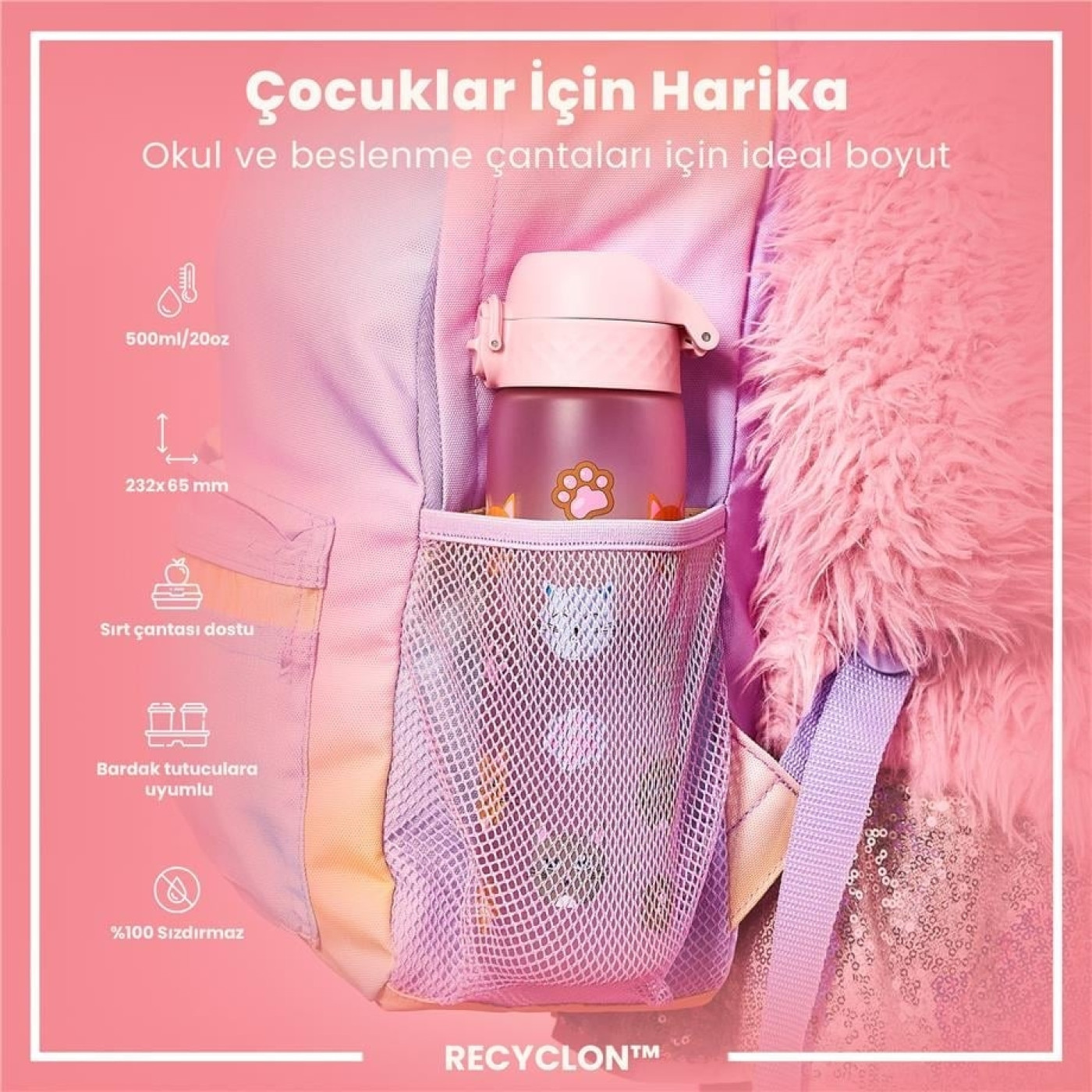ION8 - İnce Suluk - Kediler - 500 ml - Sızdırmaz - BPA İçermeyen ION8 - İnce Suluk - Kediler - 500 ml - Sızdırmaz - BPA İçermeyen