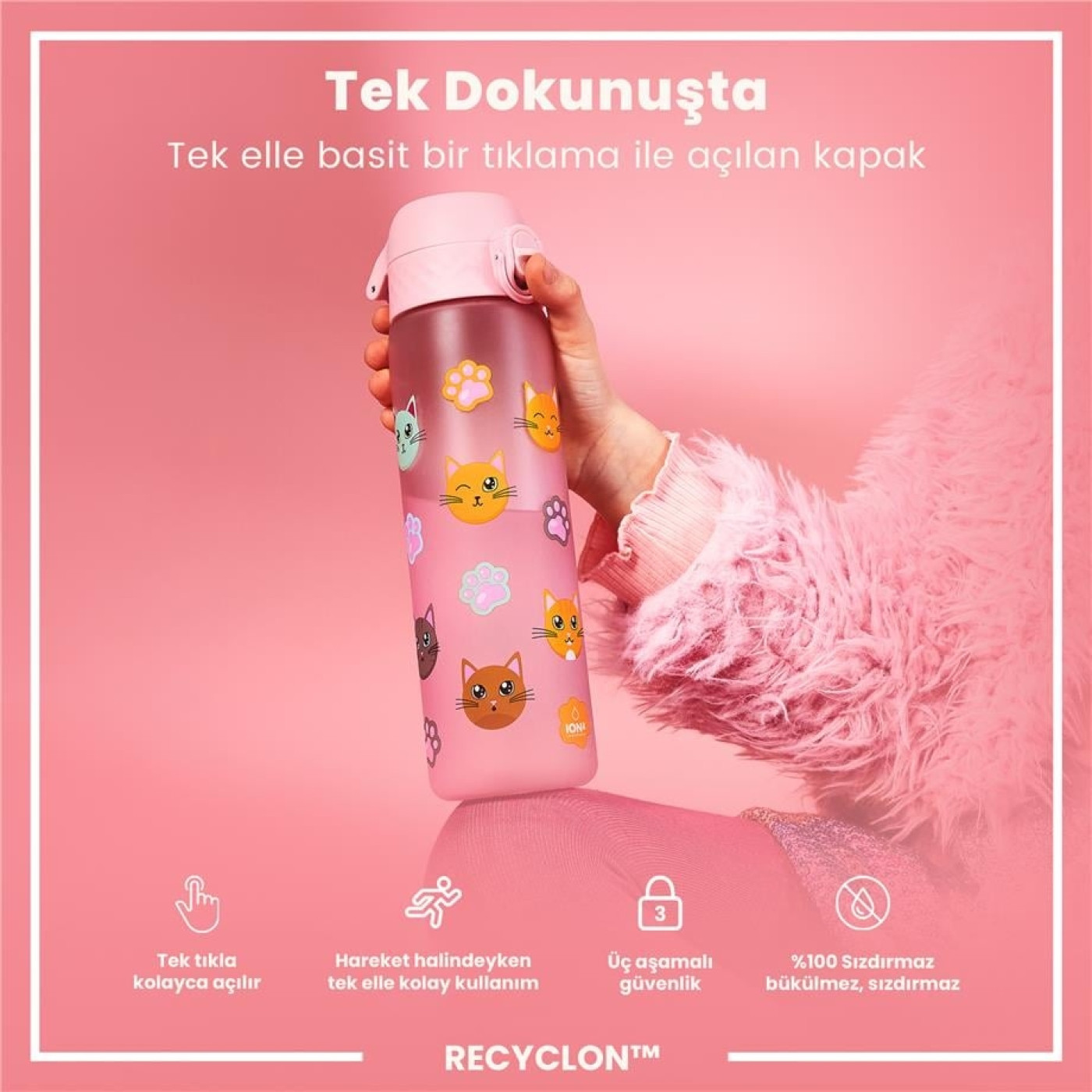 ION8 - İnce Suluk - Kediler - 500 ml - Sızdırmaz - BPA İçermeyen ION8 - İnce Suluk - Kediler - 500 ml - Sızdırmaz - BPA İçermeyen