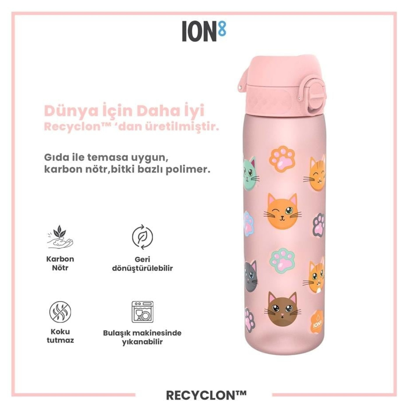 ION8 - İnce Suluk - Kediler - 500 ml - Sızdırmaz - BPA İçermeyen ION8 - İnce Suluk - Kediler - 500 ml - Sızdırmaz - BPA İçermeyen