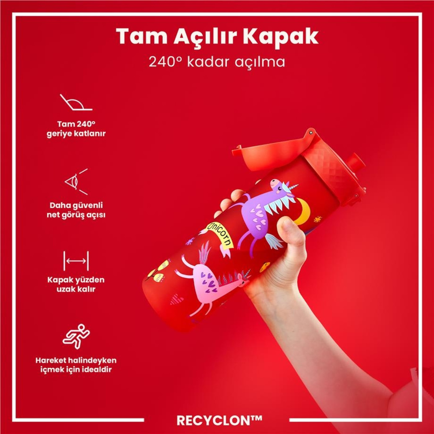 ION8 - İnce Suluk - Kırmızı Unicorn - 500 ml - Sızdırmaz - BPA İçermeyen