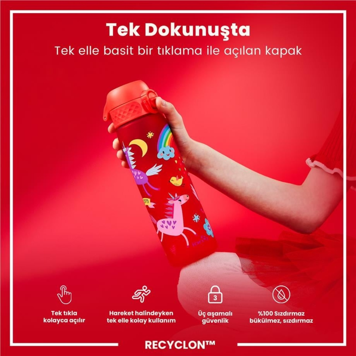 ION8 - İnce Suluk - Kırmızı Unicorn - 500 ml - Sızdırmaz - BPA İçermeyen