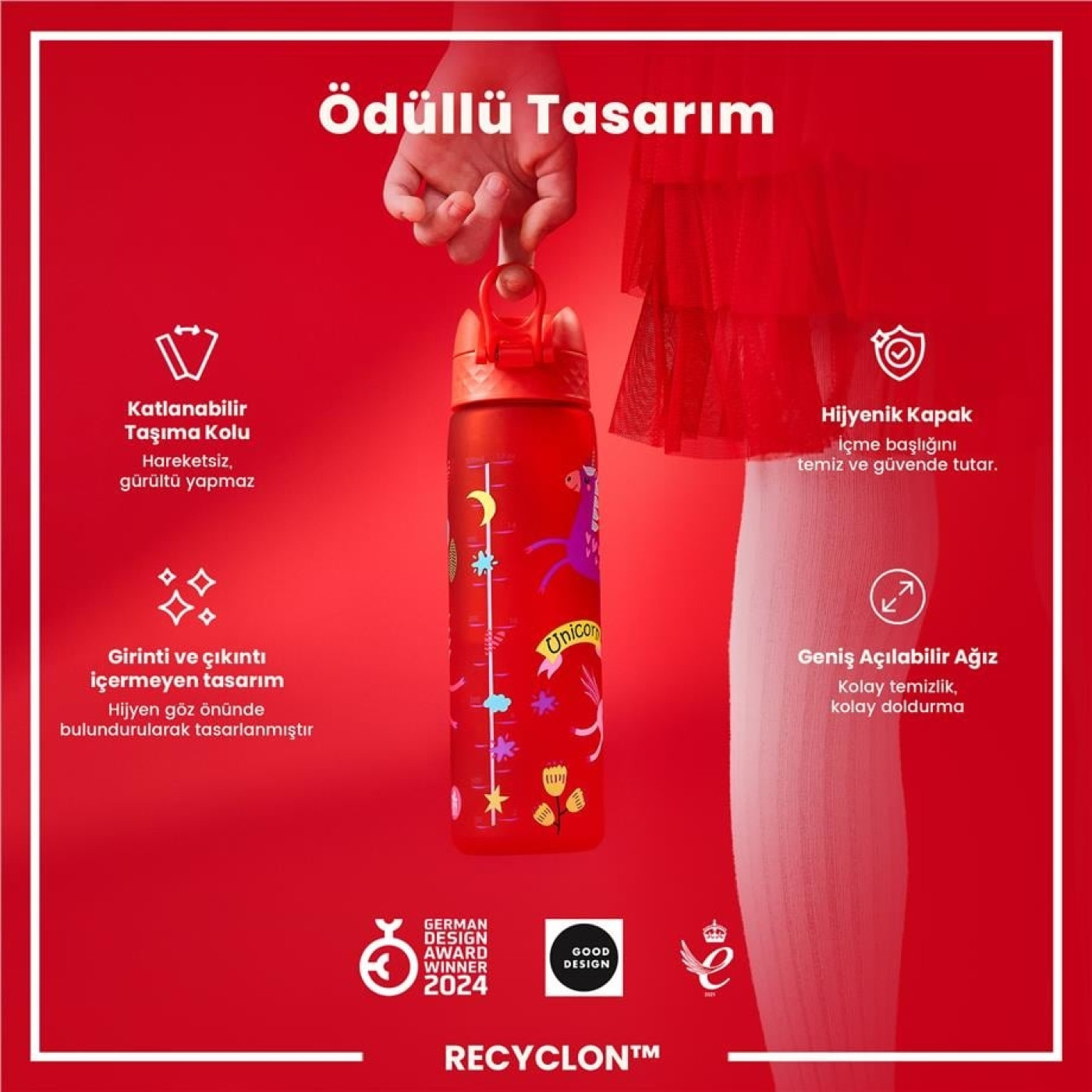 ION8 - İnce Suluk - Kırmızı Unicorn - 500 ml - Sızdırmaz - BPA İçermeyen