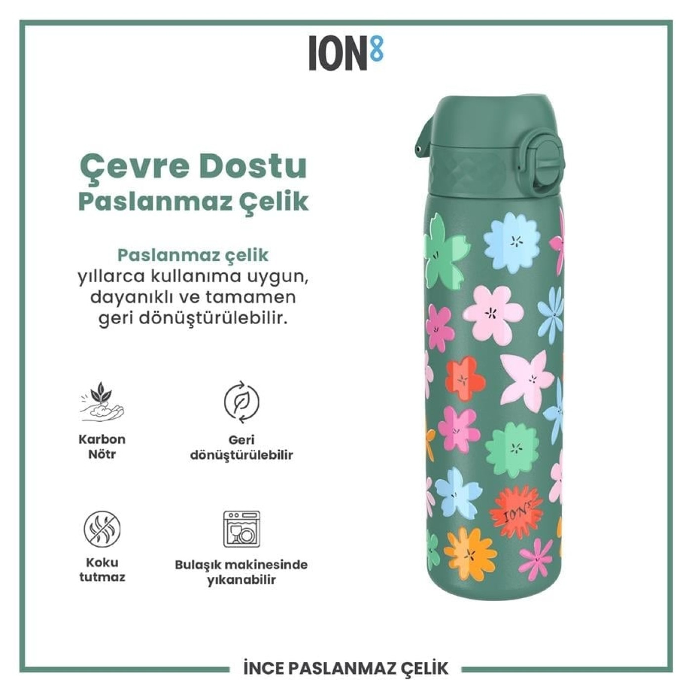 ION8 - Paslanmaz Çelik İnce Suluk - Çiçekli - 600 ml - Sızdırmaz ION8 - Paslanmaz Çelik İnce Suluk - Çiçekli - 600 ml - Sızdırmaz