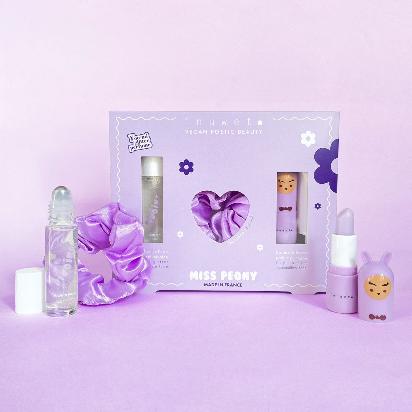 Inuwet Miss Peony Set - Mor Saç Tokası, Şakayık Kokulu Parfüm ve Marshmallow Aromalı Dudak Nemlendiricisi