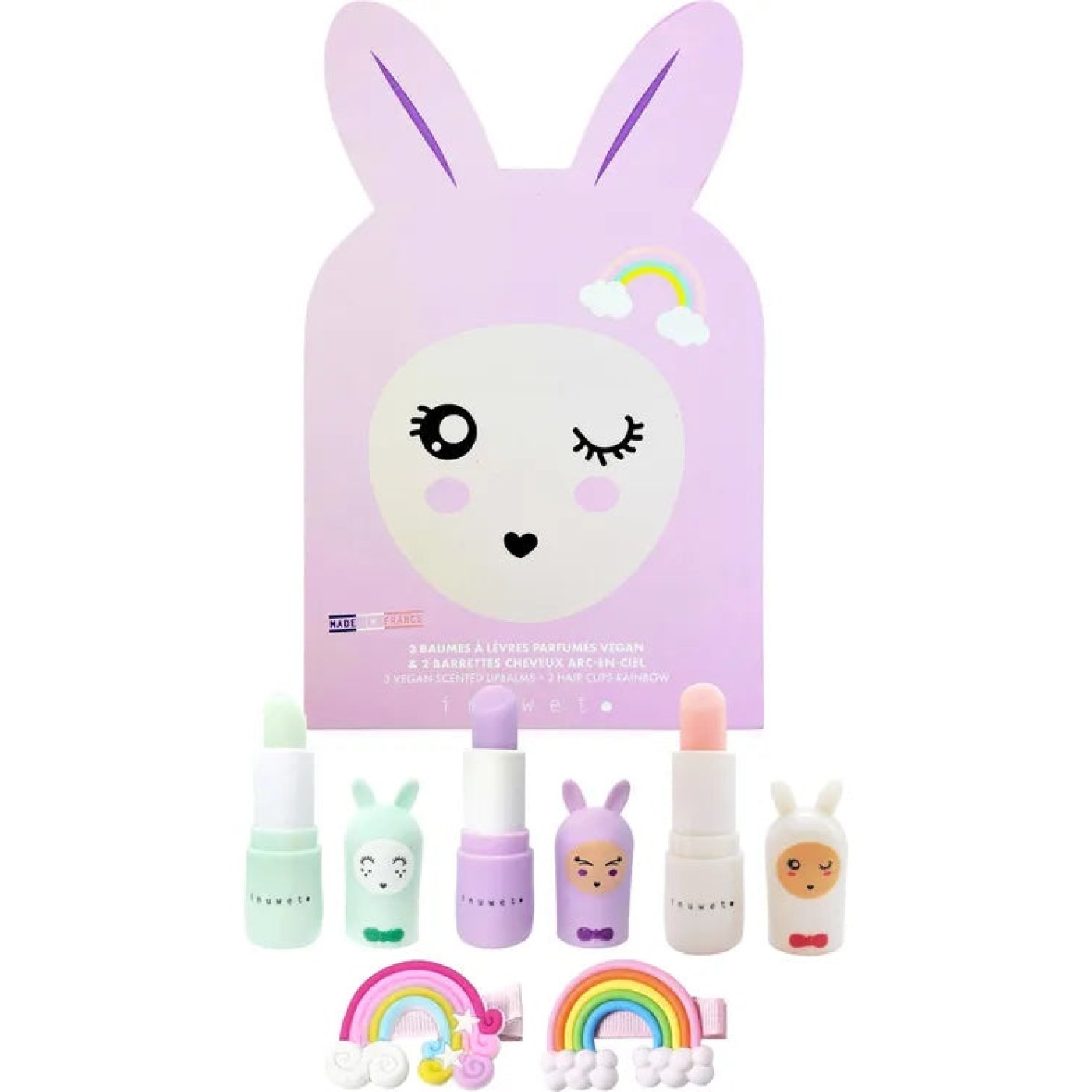 Inuwet Tavşan Kutulu Set -Elma, Marshmallow ve Pamuk Şekeri Aromalı 3 Adet Dudak Nemlendiricisi ve 2 Adet Gökkuşağı şeklinde Klips Toka Inuwet Tavşan Kutulu Set -Elma, Marshmallow ve Pamuk Şekeri Aromalı 3 Adet Dudak Nemlendiricisi ve 2 Adet Gökkuşağı şeklinde Klips Toka