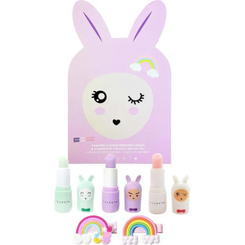 Inuwet Tavşan Kutulu Set -Elma, Marshmallow ve Pamuk Şekeri Aromalı 3 Adet Dudak Nemlendiricisi ve 2 Adet Gökkuşağı şeklinde Klips Toka