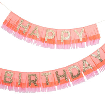 Meri Meri - Pink Happy Birthday Fringe Garland - Happy Birthday Pembe Püsküllü Asılan Süs Meri Meri - Pink Happy Birthday Fringe Garland - Happy Birthday Pembe Püsküllü Asılan Süs