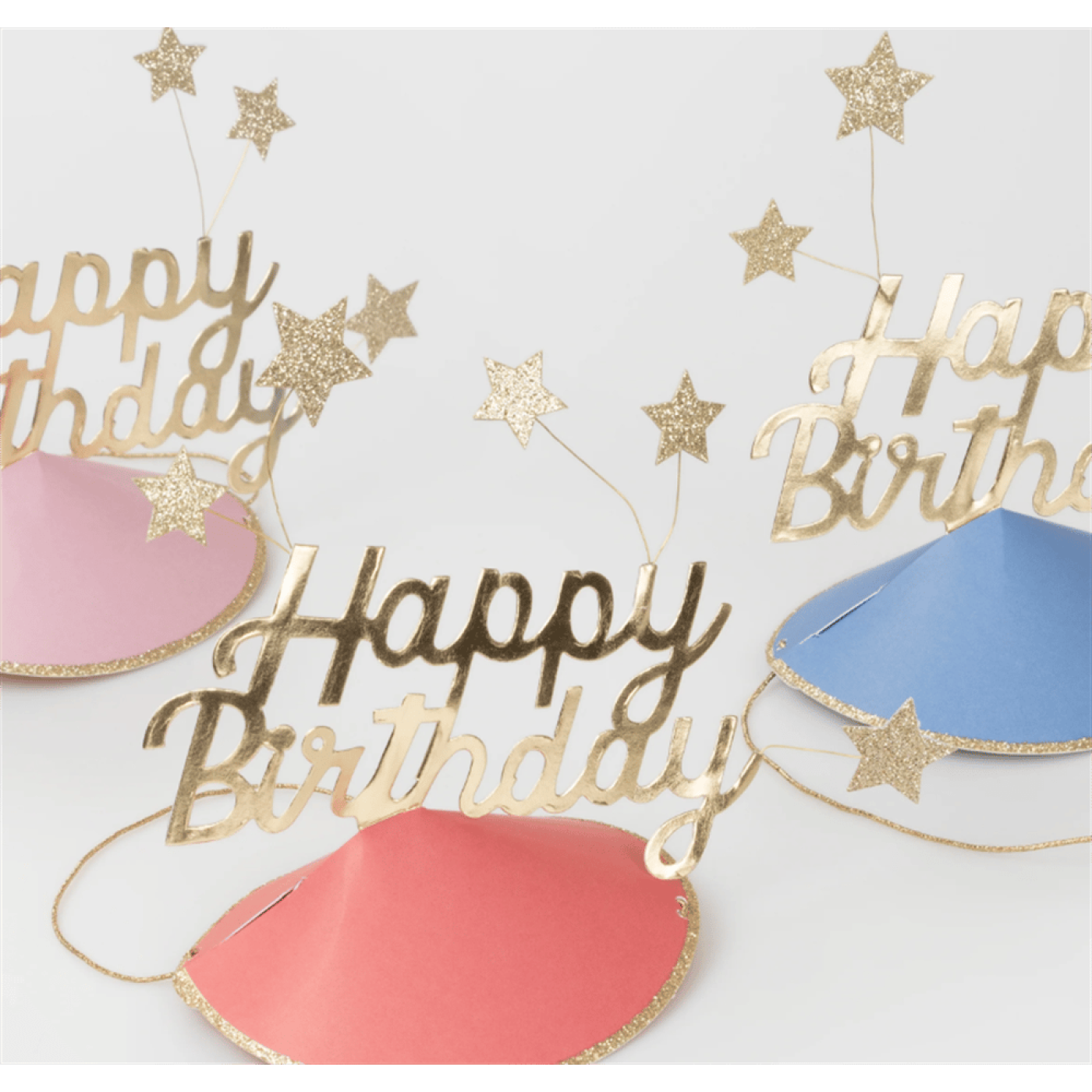 Meri Meri - Happy Birthday & Stars Party Hats(FOIL) - Happy Birthday & Yıldızlar Parti Şapkaları (6'lı)