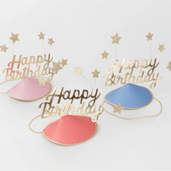 Meri Meri - Happy Birthday & Stars Party Hats(FOIL) - Happy Birthday & Yıldızlar Parti Şapkaları (6'lı)