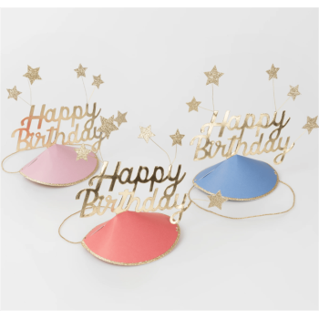 Meri Meri - Happy Birthday & Stars Party Hats(FOIL) - Happy Birthday & Yıldızlar Parti Şapkaları (6'lı)