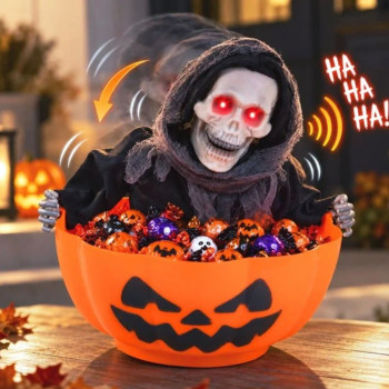 Halloween İskeletli Balkabağı Kasesi (Sesli, Hareketli, Işıklı)